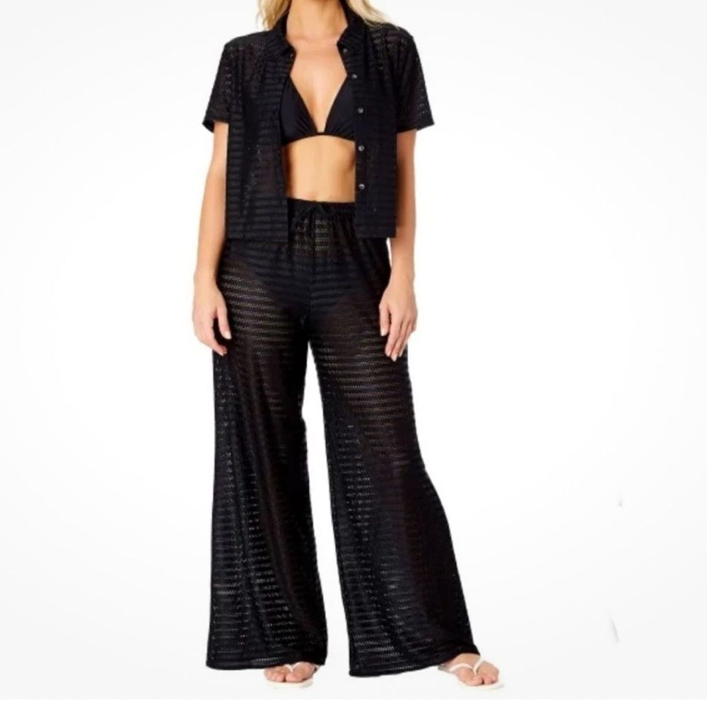 Hurley Wide Leg Mesh Swim Cover Up Pant + Button Up Top Set Black, Small, NWT